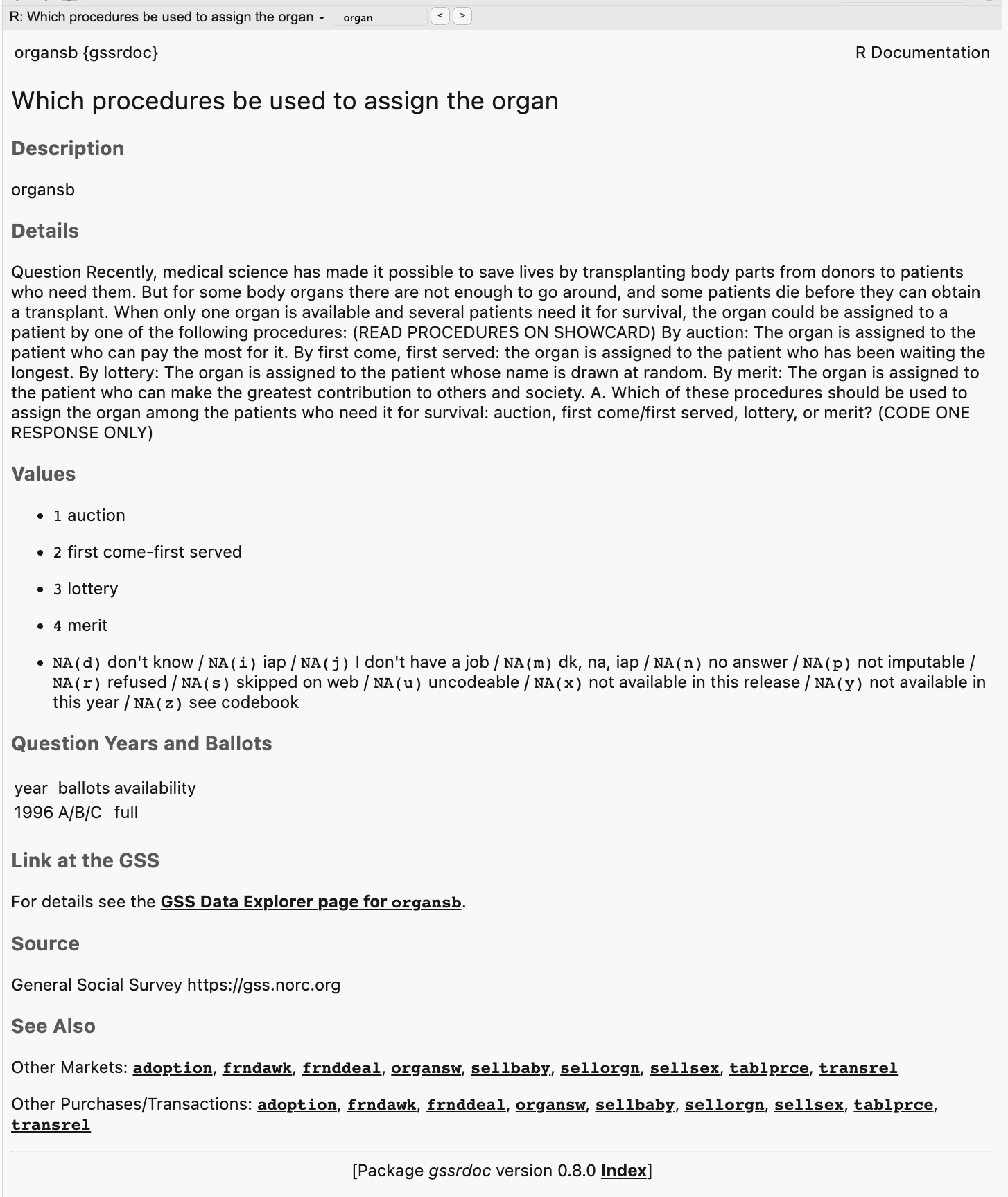 The help page for organsb