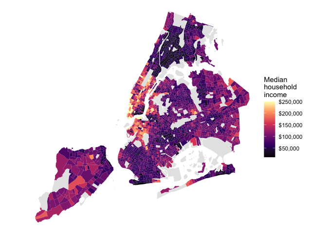 Choropleth of NYC Census tracts shaded by median household income.